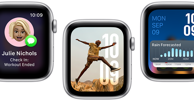 Translate app, Check in app, Photos face, Modular watch face, and Vitals app, on five Apple Watch SE devices