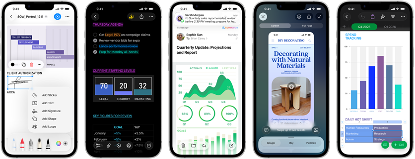 Few side-by-side iPhone 17e devices in portrait orientation showcasing performance with different graphs, charts and productivity business apps like Preview, Notes, Mail, Visual Intelligence, and Numbers