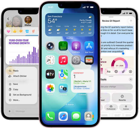 Few side-by-side iPhone 17e devices showing a photo of a graph in the Messages app, home screen with the Weather widget and apps displayed, and Notes app with Apple Intelligence Writing Tools in use