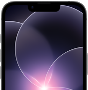 Partial view of black iPhone 17e in portrait orientation, highlighting durable display with a wallpaper image of a purple flower in Liquid Glass design