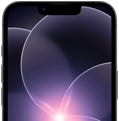 Partial view of black iPhone 17e in portrait orientation, highlighting durable display with a wallpaper image of a purple flower in Liquid Glass design
