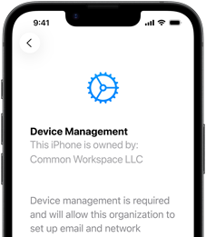 Partial view of iPhone 17e in portrait orientation, displaying the Settings app with Device Management open