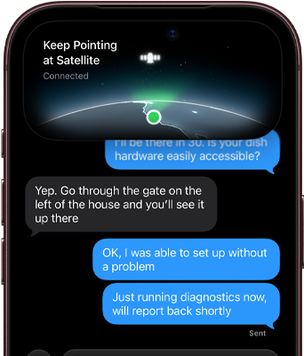 iPhone 18 Pro, burgundy, screen shows satellite connection interface with a green dot indicating the device's location, with text "Keep Pointing at Satellite" and "Connected" at the top, iMessage conversation underneath