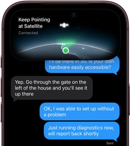iPhone 18 Pro, burgundy, screen shows satellite connection interface with a green dot indicating the device's location, with text "Keep Pointing at Satellite" and "Connected" at the top, iMessage conversation underneath