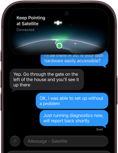 iPhone 18 Pro, burgundy, screen shows satellite connection interface with a green dot indicating the device's location, with text "Keep Pointing at Satellite" and "Connected" at the top, iMessage conversation underneath