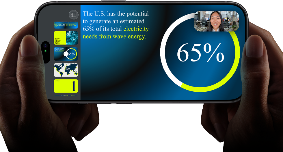 Horizontal video call demonstration of a keynote presentation on iPhone 18 Pro, black color
