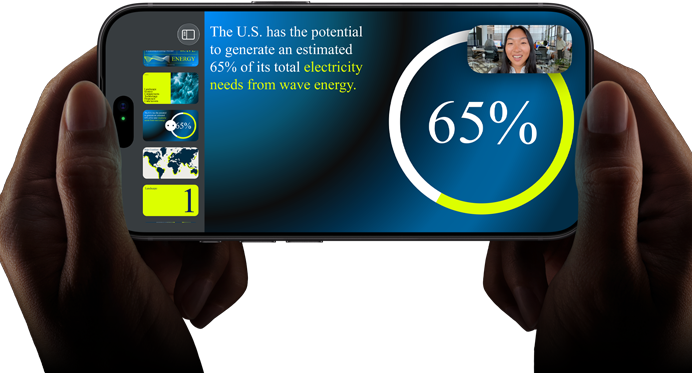 Horizontal video call demonstration of a keynote presentation on iPhone 18 Pro, black color