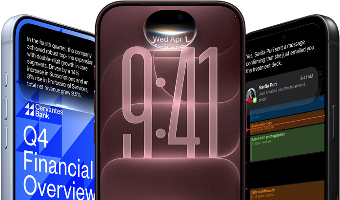 Three iPhone 18 Pro devices in glacier, burgundy, and black colors, front exterior, each screen shows example of AI: Banking, Siri AI, Message Summary
