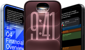 Three iPhone 18 Pro devices in glacier, burgundy, and black colors, front exterior, each screen shows example of AI: Banking, Siri AI, Message Summary