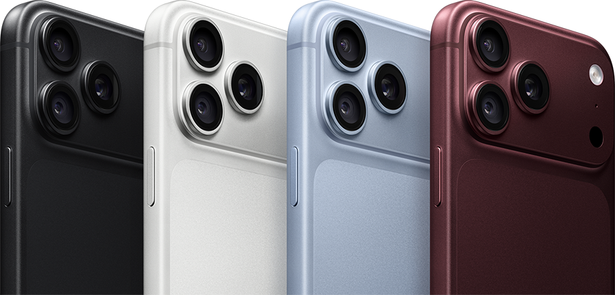 iPhone 18 Pro, back exterior, available in four colors: black, silver, glacier, and burgundy, featuring camera system in the top left corner, three lenses, microphone, flash