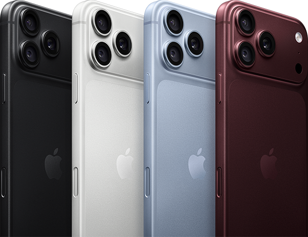 iPhone 18 Pro, back exterior, available in four colors: black, silver, glacier, and burgundy, featuring camera system in the top left corner, three lenses, microphone, flash