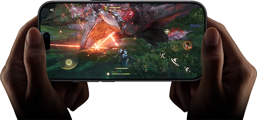Two hands holding iPhone 18 Pro, in landscape mode, playing Monster Hunter Outlanders video game, demonstrating the performance capabilities of the A20 Pro Chip