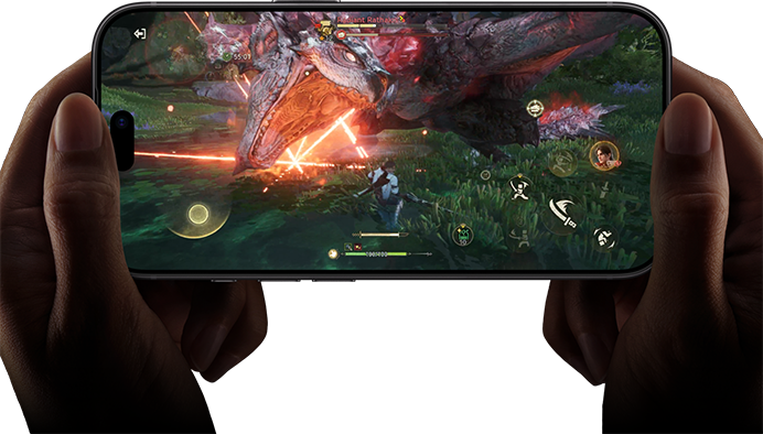 Two hands holding iPhone 18 Pro, in landscape mode, playing Monster Hunter Outlanders video game, demonstrating the performance capabilities of the A20 Pro Chip