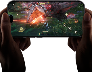 Two hands holding iPhone 18 Pro, in landscape mode, playing Monster Hunter Outlanders video game, demonstrating the performance capabilities of the A20 Pro Chip