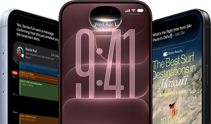 Three iPhone 18 Pro devices in glacier, burgundy, and black colors, front exterior, each screen shows Siri AI integration providing Message summary, listening mode while on lock screen, and an Ask Siri prompt about flight time