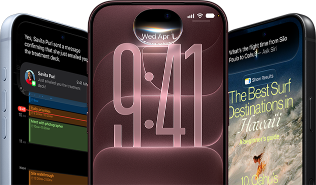 Three iPhone 18 Pro devices in glacier, burgundy, and black colors, front exterior, each screen shows Siri AI integration providing Message summary, listening mode while on lock screen, and an Ask Siri prompt about flight time