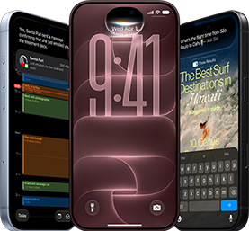 Three iPhone 18 Pro devices in glacier, burgundy, and black colors, front exterior, each screen shows Siri AI integration providing Message summary, listening mode while on lock screen, and an Ask Siri prompt about flight time
