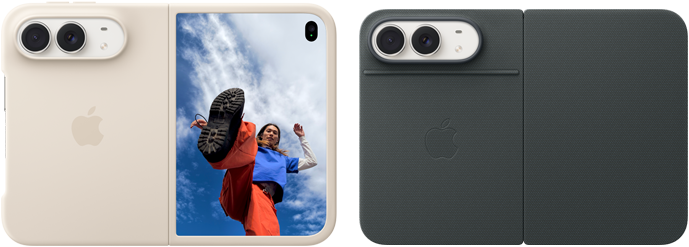 iPhone Duo, Star White color in Sand Silicone Case, landscape orientation, fully opened horizontally, Dual Fusion cameras on the top left, case covers the back exterior and outer edge of the front display, right side features portrait of person on outer display. iPhone Duo, Star White color, fully opened horizontally, Navy Blue Folio with Kickstand, fully opened horizontally, back exterior featuring the 48MP Dual Fusion rear cameras, two lenses