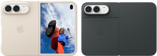 iPhone Duo, Star White color in Sand Silicone Case, landscape orientation, fully opened horizontally, Dual Fusion cameras on the top left, case covers the back exterior and outer edge of the front display, right side features portrait of person on outer display. iPhone Duo, Star White color, fully opened horizontally, Navy Blue Folio with Kickstand, fully opened horizontally, back exterior featuring the 48MP Dual Fusion rear cameras, two lenses