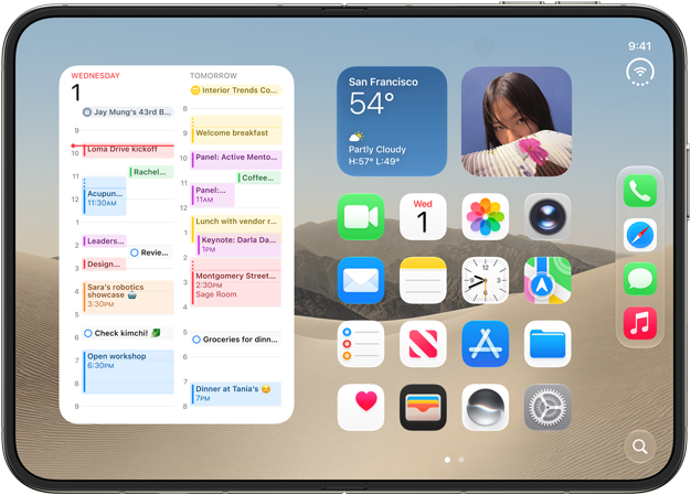 Static: iPhone Duo, opened in landscape orientation, left show calendar widget, right shows iOS home screen