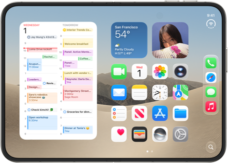 Static: iPhone Duo, opened in landscape orientation, left show calendar widget, right shows iOS home screen