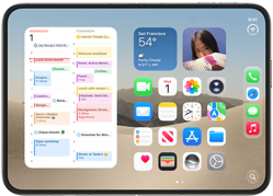 Static: iPhone Duo, opened in landscape orientation, left show calendar widget, right shows iOS home screen