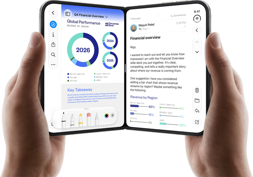 iPhone Duo, held by two hands in open landscape position, left shows a business document in Preview, right shows an email in Mail