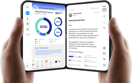 iPhone Duo, held by two hands in open landscape position, left shows a business document in Preview, right shows an email in Mail