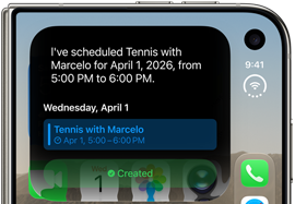 iPhone Duo, folded, outer display shows Siri AI notification indicating a calendar update