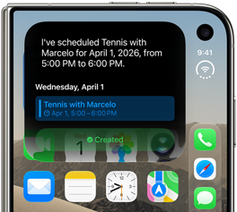 iPhone Duo, folded, outer display shows Siri AI notification indicating a calendar update