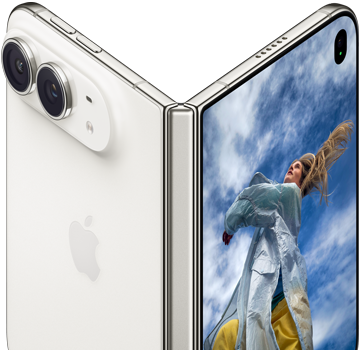 iPhone Duo, partially open like a book with hinge mechanism in the center, exterior back panel on the left features an Apple logo and dual-camera, outer display on the right shows a portrait photo of a person with blonde hair