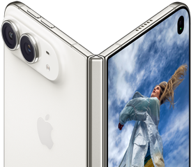 iPhone Duo, partially open like a book with hinge mechanism in the center, exterior back panel on the left features an Apple logo and dual-camera, outer display on the right shows a portrait photo of a person with blonde hair