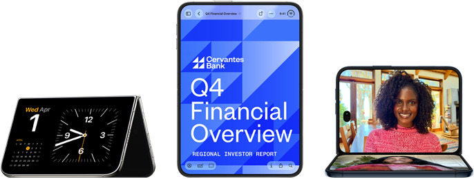 iPhone Duo, various positions: inverted open landscape orientation, unfolded at slight angle, exterior display, all-screen design. Slightly open like a book and standing upright. Open landscape orientation, unfolded at right angle, interior display, all-screen design