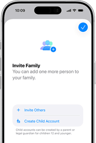 iPhone, onscreen is a Family Sharing invitation, including option to Create Child Account