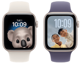 Two Apple Watch SE 3 models side by side: left watch has an aluminum case in starlight color, Sport Band in starlight color, watch face shows Memoji of a grinning koala face, watch on the right has an aluminum case starlight color, purple fog color Sport Band, onscreen is a pic of two grinning children