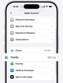 iPhone, screen showing Apple Account settings listed, Family Sharing setup option highlighted