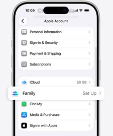 iPhone, screen showing Apple Account settings listed, Family Sharing setup option highlighted