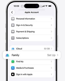 iPhone, screen showing Apple Account settings listed, Family Sharing setup option highlighted