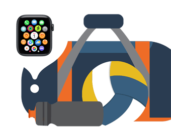 Illustration of a gym bag with a volleyball and water bottle next to it, a Find My pin with Apple Watch with various app icons onscreen points at gym bag