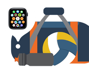 Illustration of a gym bag with a volleyball and water bottle next to it, a Find My pin with Apple Watch with various app icons onscreen points at gym bag