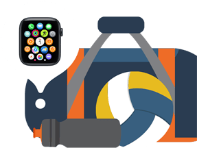 Illustration of a gym bag with a volleyball and water bottle next to it, a Find My pin with Apple Watch with various app icons onscreen points at gym bag