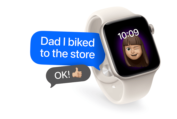 Apple Watch SE 3, starlight color aluminum case, starlight color Sport Band, winking face Memoji and time on display, two text bubbles, one reads: Dad I biked to the store, and the other reads: OK! with thumbs-up emoji