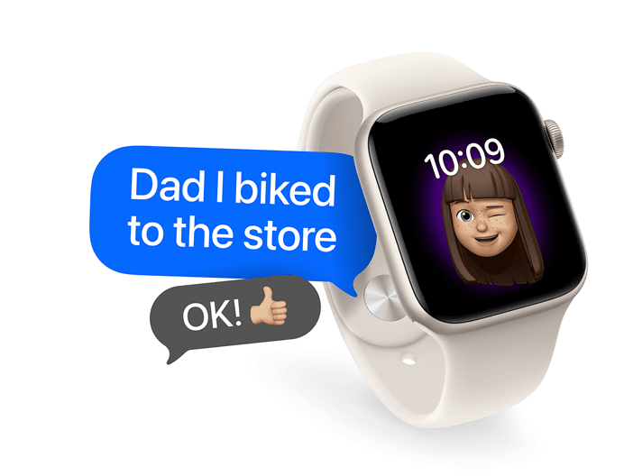 Apple Watch SE 3, starlight color aluminum case, starlight color Sport Band, winking face Memoji and time on display, two text bubbles, one reads: Dad I biked to the store, and the other reads: OK! with thumbs-up emoji