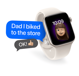 Apple Watch SE 3, starlight color aluminum case, starlight color Sport Band, winking face Memoji and time on display, two text bubbles, one reads: Dad I biked to the store, and the other reads: OK! with thumbs-up emoji