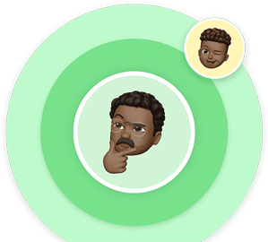 Three rings of varying green color shades, in the center is a Memoji of an adult holding their chin, thinking, a smaller yellow color circle in the outermost ring with a winking face child Memoji