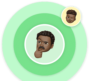 Three rings of varying green color shades, in the center is a Memoji of an adult holding their chin, thinking, a smaller yellow color circle in the outermost ring with a winking face child Memoji
