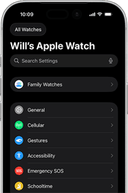 iPhone screen reads: Will's Apple Watch at the top and setting options are listed below, including Family Watches