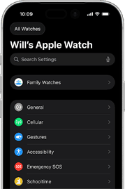 iPhone screen reads: Will's Apple Watch at the top and setting options are listed below, including Family Watches