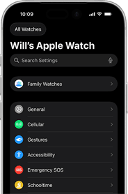 iPhone screen reads: Will's Apple Watch at the top and setting options are listed below, including Family Watches