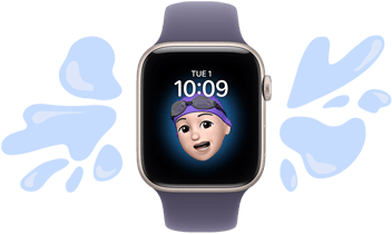 Apple Watch SE 3, starlight color aluminum case, purple fog color Sport Band, a Memoji wearing a swimming cap and goggles, illustrated water splashes on either side of watch